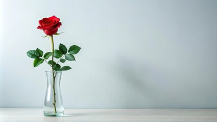 Fototapeta premium A single long-stemmed red rose surrounded by lush green leaves in a minimalist vase, vase, botanical illustration, minimalist decor, nature