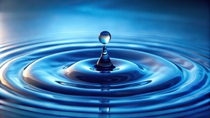 A small blue droplet falls onto a smooth stone surface creating a tiny ripple in the water, dripping, reflection, ripples, water