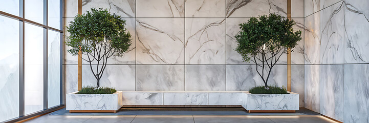 Green trees in white marble planters against a white marble wall  minimalist modern design  contemporary architecture  luxury and sophistication   