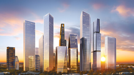 Obraz premium Aerial View of Urban Business District at Sunset
