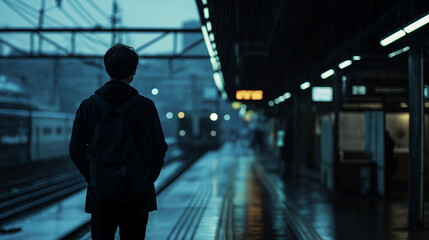 Silhouette of a very handsome Japanese man standing at a distance on a train platform, back turned, with distinctive posture, rain falling. Dimly lit train station with an evening sky and rain
