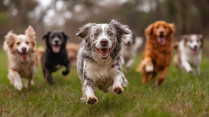 Dogs enjoying a play session with other dogs, running and playing together. Highlighting socialization and fun, ideal for pet socialization and outdoor activities.