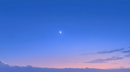 An anime background with negative space, showing a single glowing star on a soft blue night sky, with faint clouds in the distance