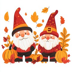 Two cheerful gnomes surrounded by autumn leaves and pumpkins.