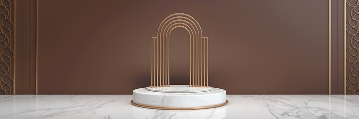 Minimalist gold arch and white marble podium  elegant and luxurious product display   