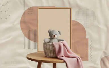Minimalist pastel gray teddy bear pink blanket on a wooden table for baby nursery decor   