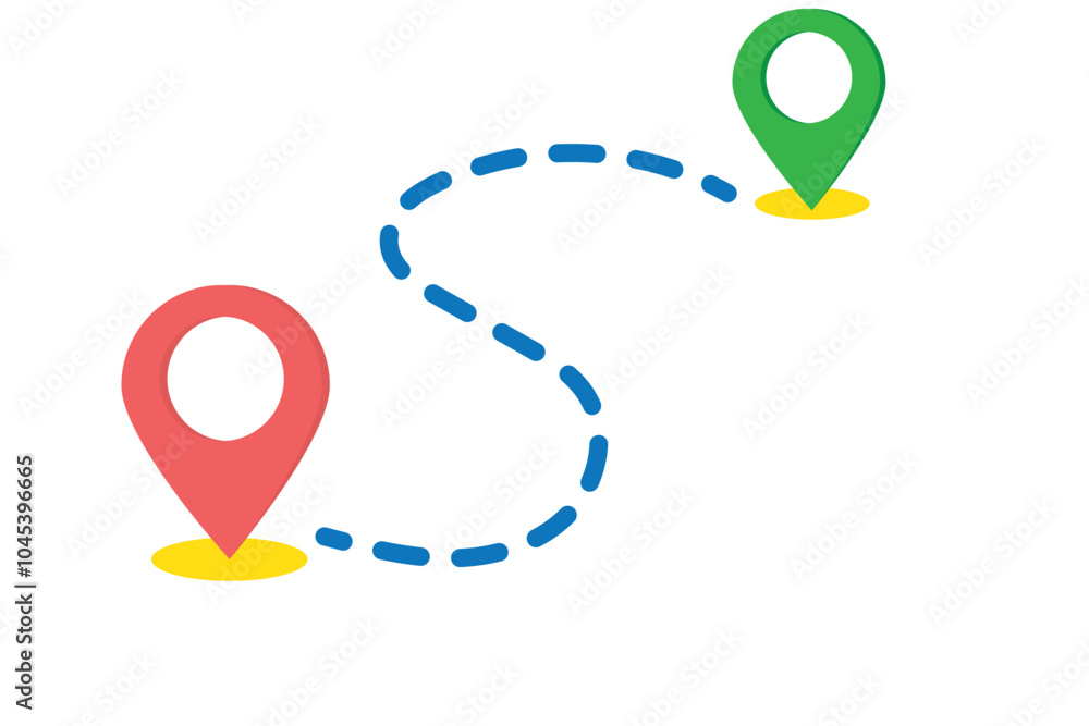 Poster dotted line between two position points, simple vector design, location icon, showing route between 