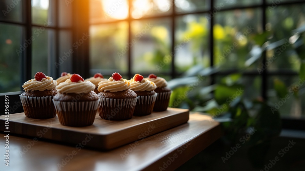 Poster a row of cupcakes with vanilla frosting and raspberries on top, sitting on a wooden tray on a wooden