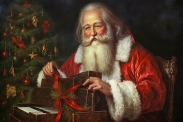Santa Claus opening Christmas gifts