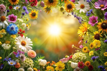 Fototapeta premium A stunning flower frame showcasing a colorful mix of wildflowers in a circular pattern with warm sunlight filtering through, rustic charm, seasonal decor, floral arrangement