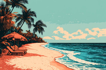 Naklejka premium serene beach scene featuring palm trees, lounge chairs, and gentle waves under bright sky. vibrant colors evoke sense of relaxation and tranquility