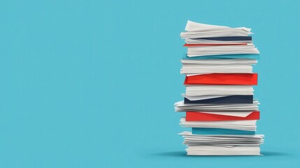 Stack of colorful office papers arranged neatly, isolated on a blue background.