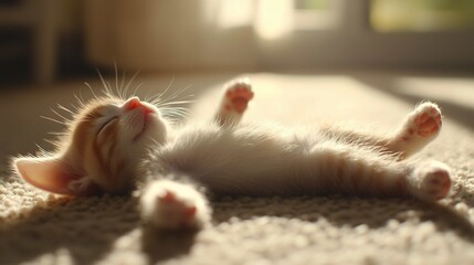 A very tiny kitten, sleeping on the carpet floor, all arms spread out, sunshine coming through windows in background
