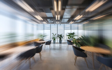 Modern office interior with green plants and wooden tables  showcasing a minimalist and contemporary design   