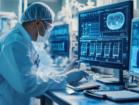 A biotech company developing biosensors to detect early signs of disease, with a scientist using advanced digital tools to monitor patient data.