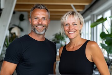 Man and a woman are smiling for the camera. Scene is happy and friendly. A man and a woman are standing in a room with a laptop and a tablet. They are smiling and seem to be happy