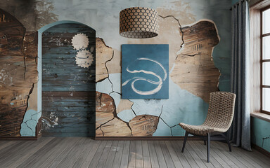Rustic interior design with blue and brown tones  featuring a worn wall  a woven chair  and a modern abstract painting   