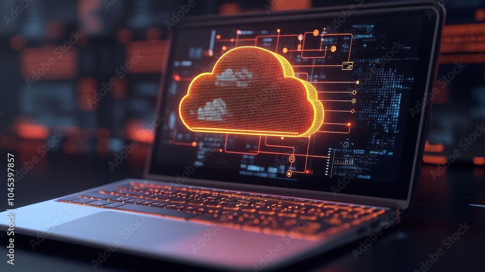 Aufkleber futuristic laptop displaying a glowing cloud interface, symbolizing advanced technology and data man