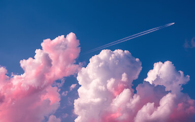 Pink and white clouds in a blue sky with a plane trail  dreamy and ethereal  perfect for travel and nature themes   