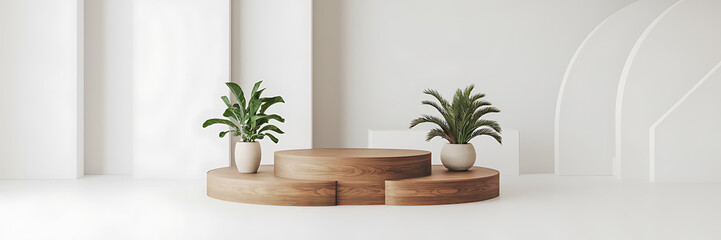 Minimalist wooden podium with green plants in white room  perfect for product display and showcasing beauty  fashion  or lifestyle products   