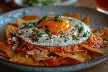A plate of chilaquiles, with crispy tortilla chips smothered in red or green salsa, topped with shredded chicken, crema, cheese, and a fried egg