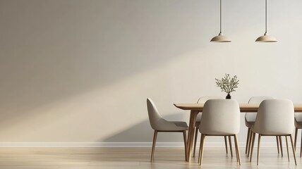Modern dining room interior with elegant furniture, warm lighting, and a minimalistic atmosphere, perfect for family gatherings.