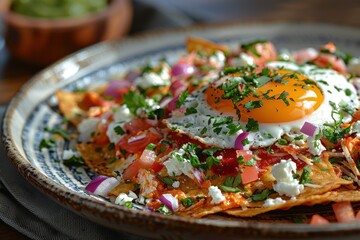 A plate of chilaquiles, with crispy tortilla chips smothered in red or green salsa, topped with shredded chicken, crema, cheese, and a fried egg