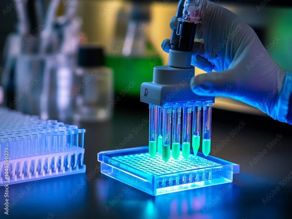 Poster a biotech researcher demonstrating a portable lab device that can detect viruses instantly using cut
