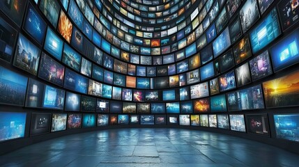 Immersive Digital World 360-Degree Video Wall with Screens Displaying Visual Content