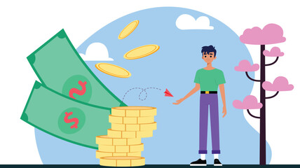 Illustration of a person standing beside stacks of coins, floating dollar bills, and currency symbols in a cartoon style with a tree in the background.