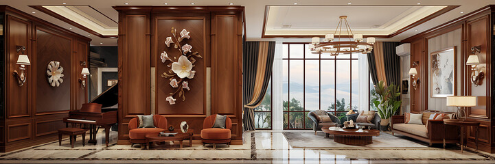 Luxury living room with brown wood and white flowers  perfect for interior design projects   