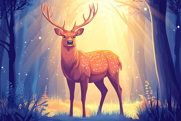 Majestic deer standing in serene forest, illuminated by soft sunlight filtering through trees, creating magical atmosphere