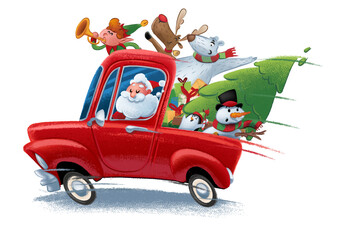 Santa Claus driving red car with bear penguin elf snowman
