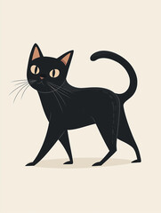 Obraz premium Cartoon black cat standing with curled tail on beige background