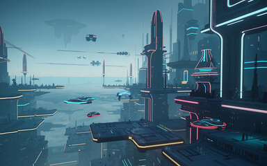 Futuristic city with neon lights and flying vehicles  a cyberpunk metropolis with blue and pink neon glow   