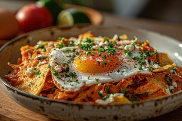 A plate of chilaquiles, with crispy tortilla chips smothered in red or green salsa, topped with shredded chicken, crema, cheese, and a fried egg