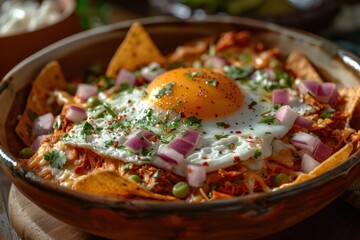 A plate of chilaquiles, with crispy tortilla chips smothered in red or green salsa, topped with shredded chicken, crema, cheese, and a fried egg