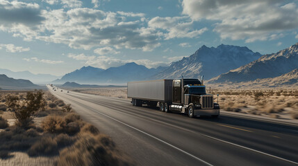 A semi truck drives along a snow-lined mountain road at dusk. American national truck driver appreciation week poster.
