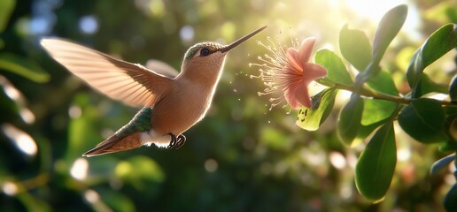 Obraz premium A hummingbird hovering near a flower in a sunlit garden.