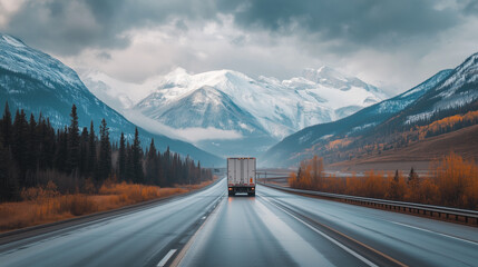 A semi truck drives along a snow-lined mountain road at dusk. American national truck driver appreciation week poster.
