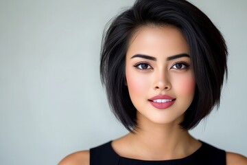 Fototapeta premium Woman with a short haircut and a smile on her face. She is wearing a black dress and has her hair styled in a way that accentuates her face. woman for beauty salon, short bob and beautiful color