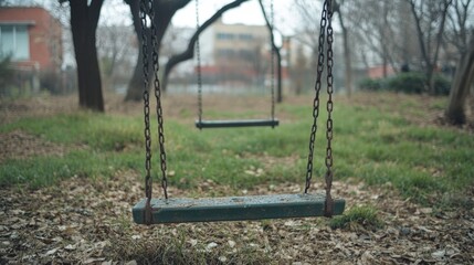 A broken swing set in an abandoned playground, with overgrown grass and the faint sound of wind, reflecting forgotten memories and sadness.