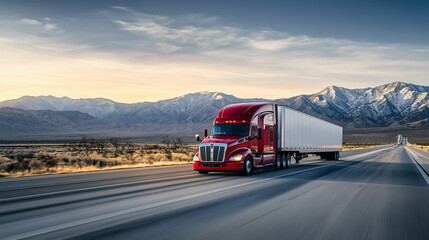 A semi truck drives along a snow-lined mountain road at dusk. American national truck driver appreciation week poster.
