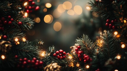 Christmas decorations of pine, red berries, and golden lights forming a frame with space for text in the center.