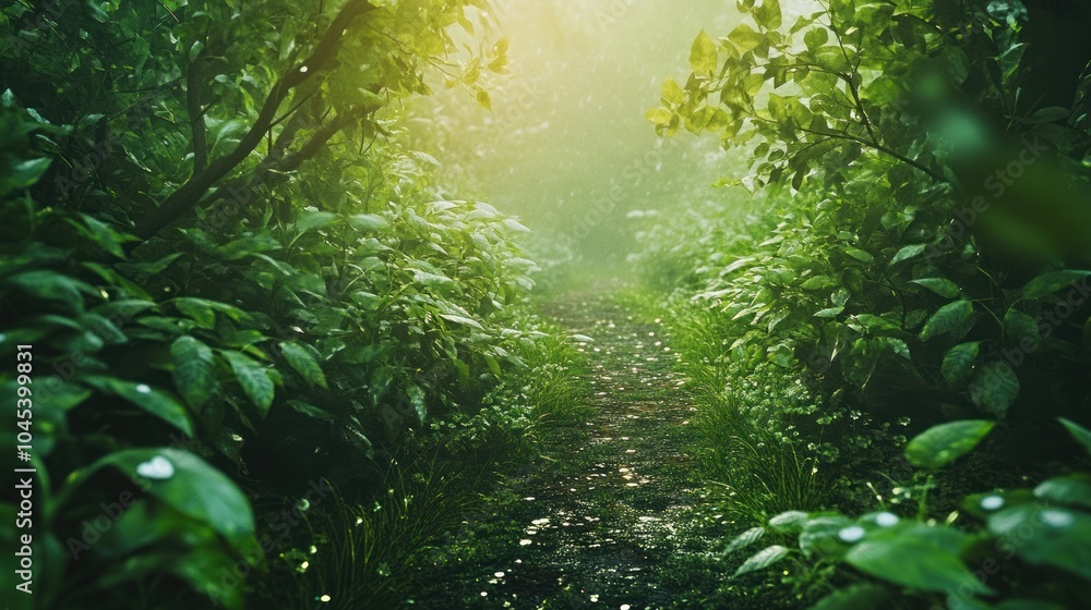 Aufkleber a path through a lush green forest with sunlight filtering through the trees.