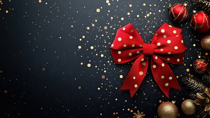 Delicate red bow with shimmering gold polka dots, surrounded by minimalist festive elements on a dark background.