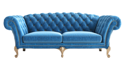 Elegant blue tufted sofa with gold accents showcased against a transparent background, perfect for modern or vintage interior decor.