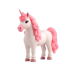 Fototapeta premium Cute unicorn toy figure, with pink mane, standing on a white isolated background.