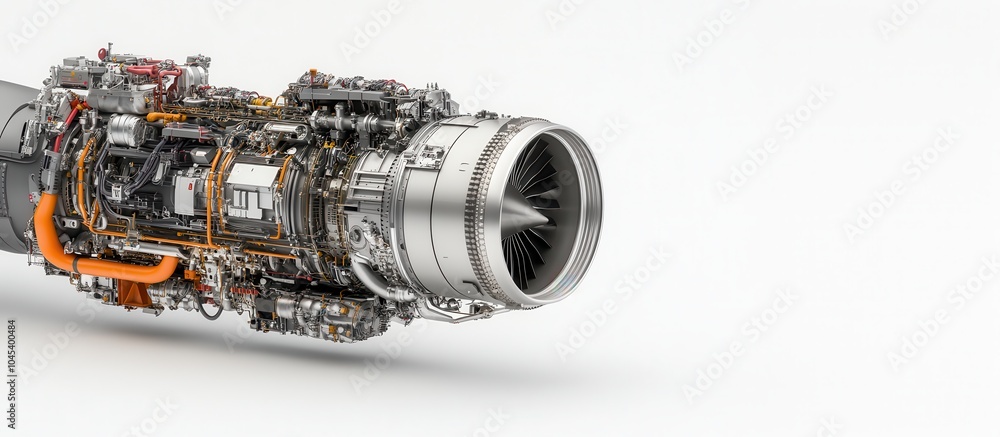 Poster a detailed close-up of a jet engine, showcasing its complex internal components and metallic structu