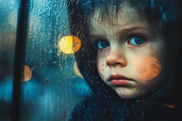 A child standing outside in the rain, looking through a window, feeling left out and emotionally distant from the warmth inside.